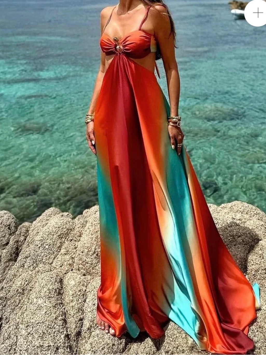 Sunset Gradient Maxi Dress With Ring Detail - Orange & Turquoise